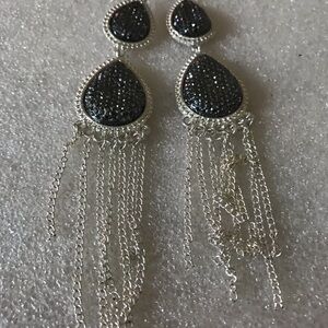 Silver-Tone Black Teardrop Dangle Earrings with Chain Fringe